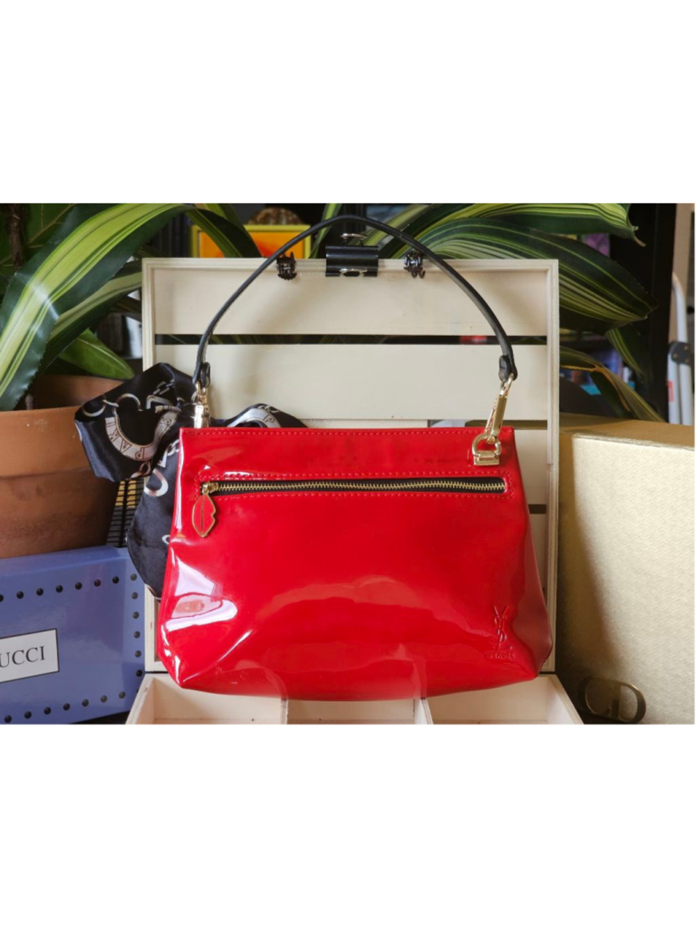 int Laurent YSL Red Patent Leather Clutch w/Black Strap & Twilly Added
